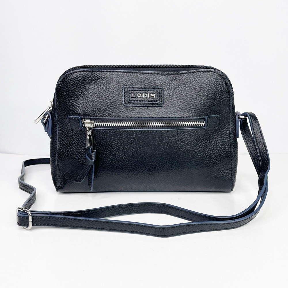 Lodis Pebble Leather Crossbody Purse Bag Small Black Blue Trim Zip Closure
